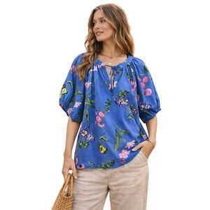 LOFT Blue Floral Tie-Neck Puff-Sleeve Blouse